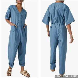 Free People Feels So Right Cotton Utility Jumpsuit Blue Mirage XL